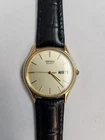 Vintage Seiko 6533-0819 Men's Watch Day/Date Gold Tone Black Leather Strap 33mm