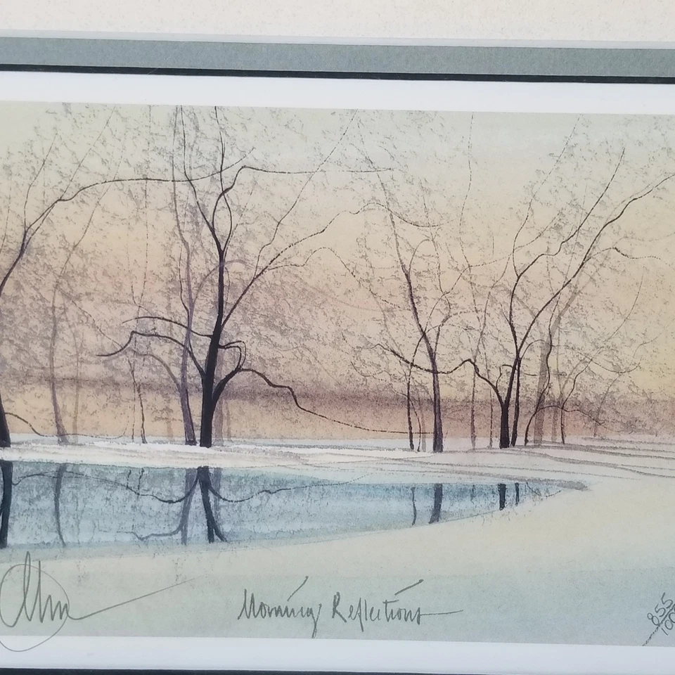 P. Buckley Moss Morning Reflections Estanque de Invierno Nieve 2001 Firmado Enmarcado Mate Foto 4 de 4