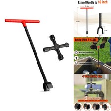 Water Meter Key 16" Steel T-Handle Shut Off Tool w/ 4-Way Multi Utility Wrench