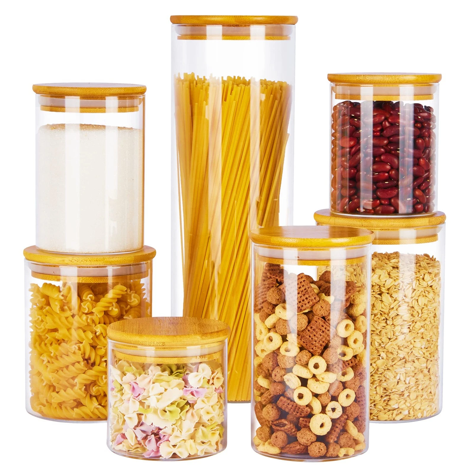 Glass Food Storage Jars, 7 Pack Kitchen Containers with Airtight Wooden Lids ...