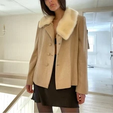 Minuet Vintage 90s Fur Collar Blazer Jacket Size UK 14 Beige