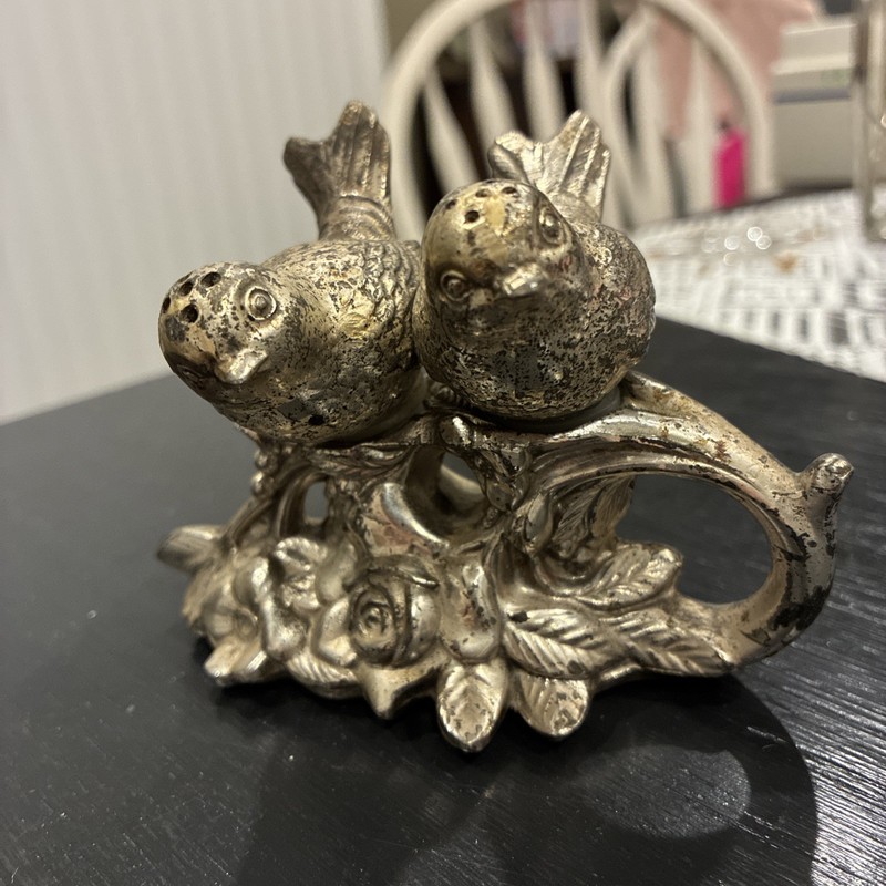 VTG Silver Plated Salt & Pepper Shakers Love Birds on Floral Branch