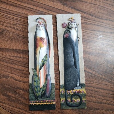 Set of 2 E. Smithson Folk Art 3D Cat Plaques Stone-look Resin 2.75''x11 