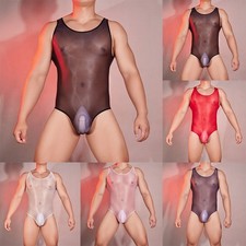Breathable Sheer Mesh Men's Bodysuit Oil Glossy See Through Stretchy Sleeveless