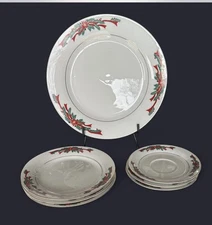 Vintage Christmas POINSETTIA & RIBBONS FINE CHINA 3 Dinner 3 Salad 3 Saucer