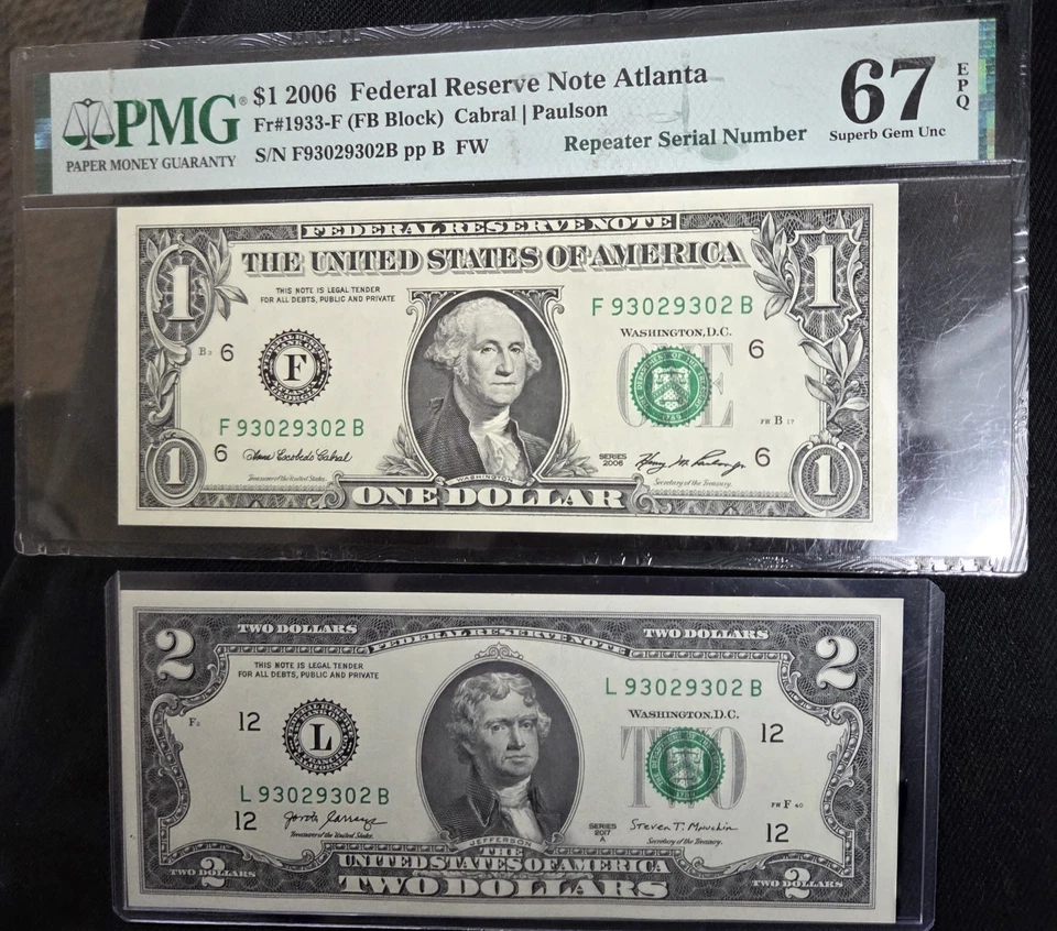 $1 & $2 MATCHING REPEATER SERIAL NUMBERS 93029302 Uncirculated 67EPQ FR1933-F - Image 2 of 4