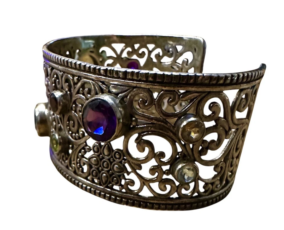 Samuel 11 Gemstone Filigree Sterling Silver Cuff Bracelet 6.5” - Image 3 of 4