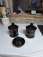 Hornsea Pottery "Regency" Tea & sugar Ceramic Jars black With Gold Trim