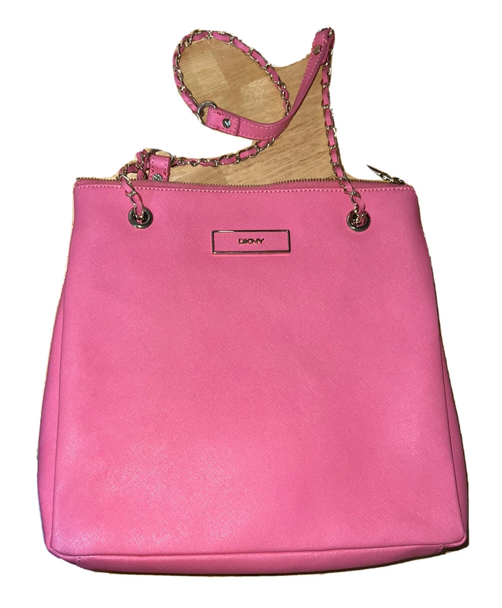DKNY Pink Saffiano Leather Slim Convertible Shoulder Bag Chain Strap Gold