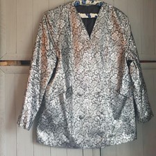 Vintage 80s Silver Brocade Jacket Sz 18 Pockets Buttons Steampunk Retro