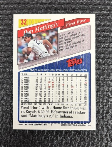 1993 TOPPS #36 DON MATTINGLY NEW YORK YANKEES NM-MT+ SHARP!! - Picture 2 of 2