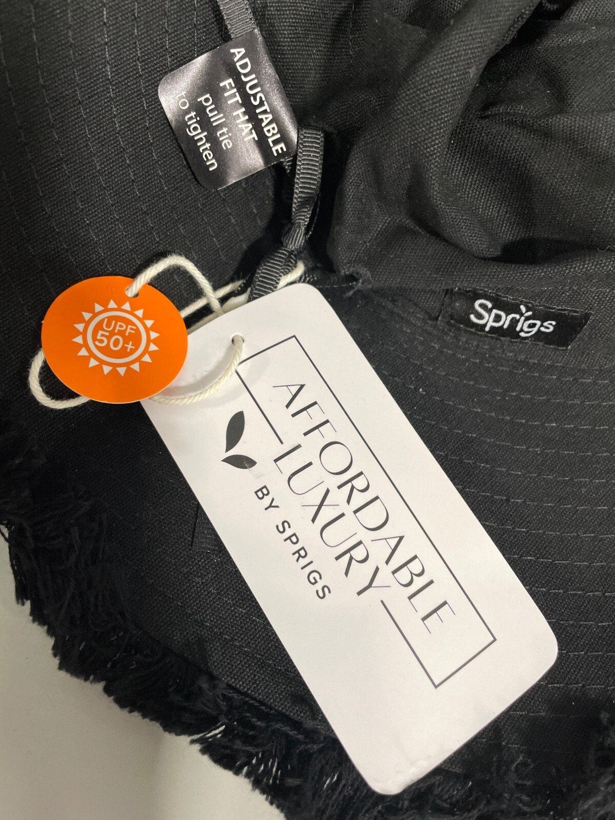 Sprigs Ikat Print Wide Brim Fringe Reversible Hat with UPF 50 OS Black Tan NEW