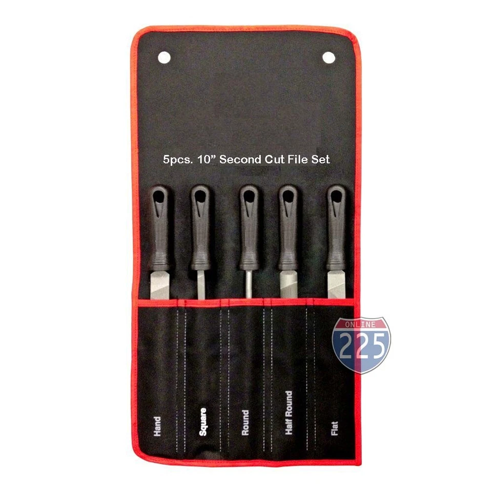 5 Piece 10" Second Cut File Set Round Square Flat Half-Round Hand Tool Kit - Image 2 of 3