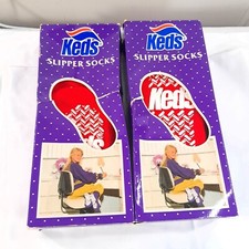Vintage New Keds Slipper Socks set 2 pairs girls one size red gripper kids boys