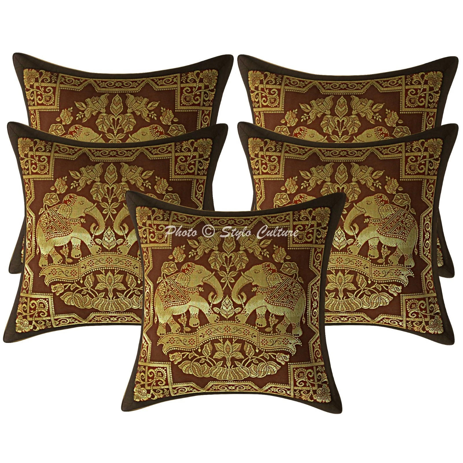 Boho Hippie Pillow Case Cushion Cover Brown Brocade Jacquard Bohemian Elephant