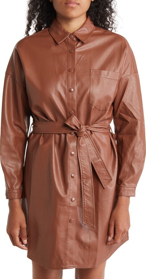 chinese dress ladies @Elysejealette Caramel Faux Leather Belted Shirt Dress S / Caramel main image 1