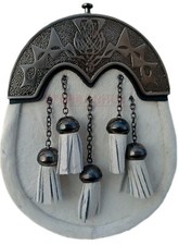 Scottish Handmade White bovine Full Dress Kilt Sporran Antique Thistle Cantle