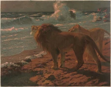 HANS KRAUSE Antique c1900 XRare German Chromolitho of a Pair of LIONS BY SURF