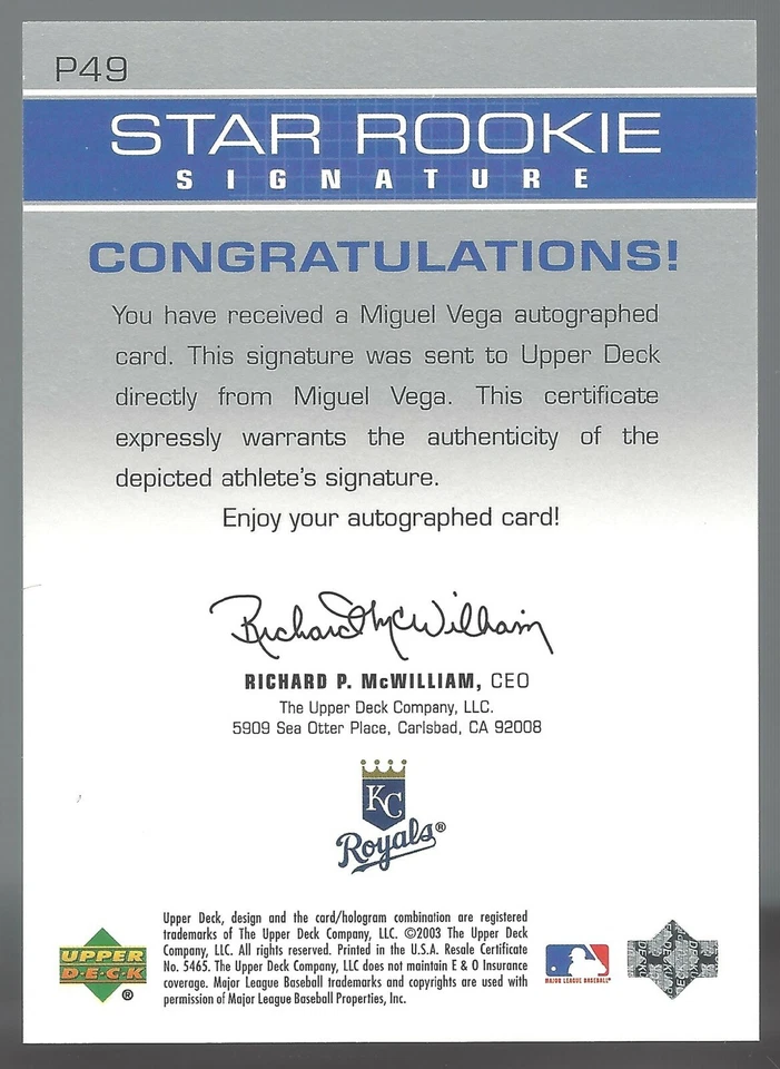 Miguel Vega 2003 Upper Deck Prospect Premieres Autographs Card# P-49 - Image 4 of 4
