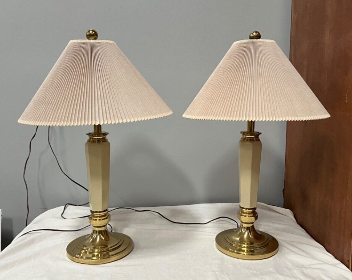 Vintage Pair of Stiffel Brass & Enamel Table Lamps with Original Shades