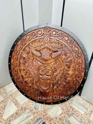 Handmade Wooden Wolf carved viking shield 24 inches ,Wolf design shield wall