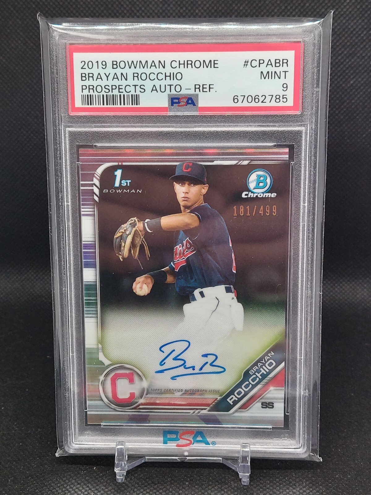 Brayan Rocchio 2019 Bowman Chrome Prospect Auto. PSA9 Mint. Refractor #d /499