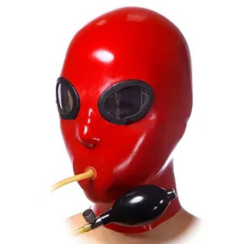 Masque gonflable en caoutchouc bâillon capuche en latex rouge expérience suffocation fétiche BDSM - Photo 1/6