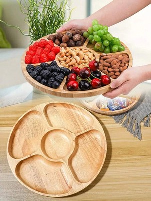 5-Compartment Round Wooden Tray Snacks Dried Fruits Tea Home Hotel Wedding