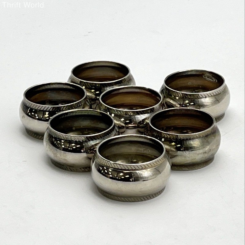Vintage Silver Tone Metal Napkin Rings 7 Piece Set Hatched Border Design