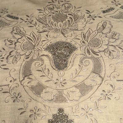 113 X 68 Vtg Antique MADEIRA EMBROIDERED Floral CREAM LINEN BANQUET Tablecloth
