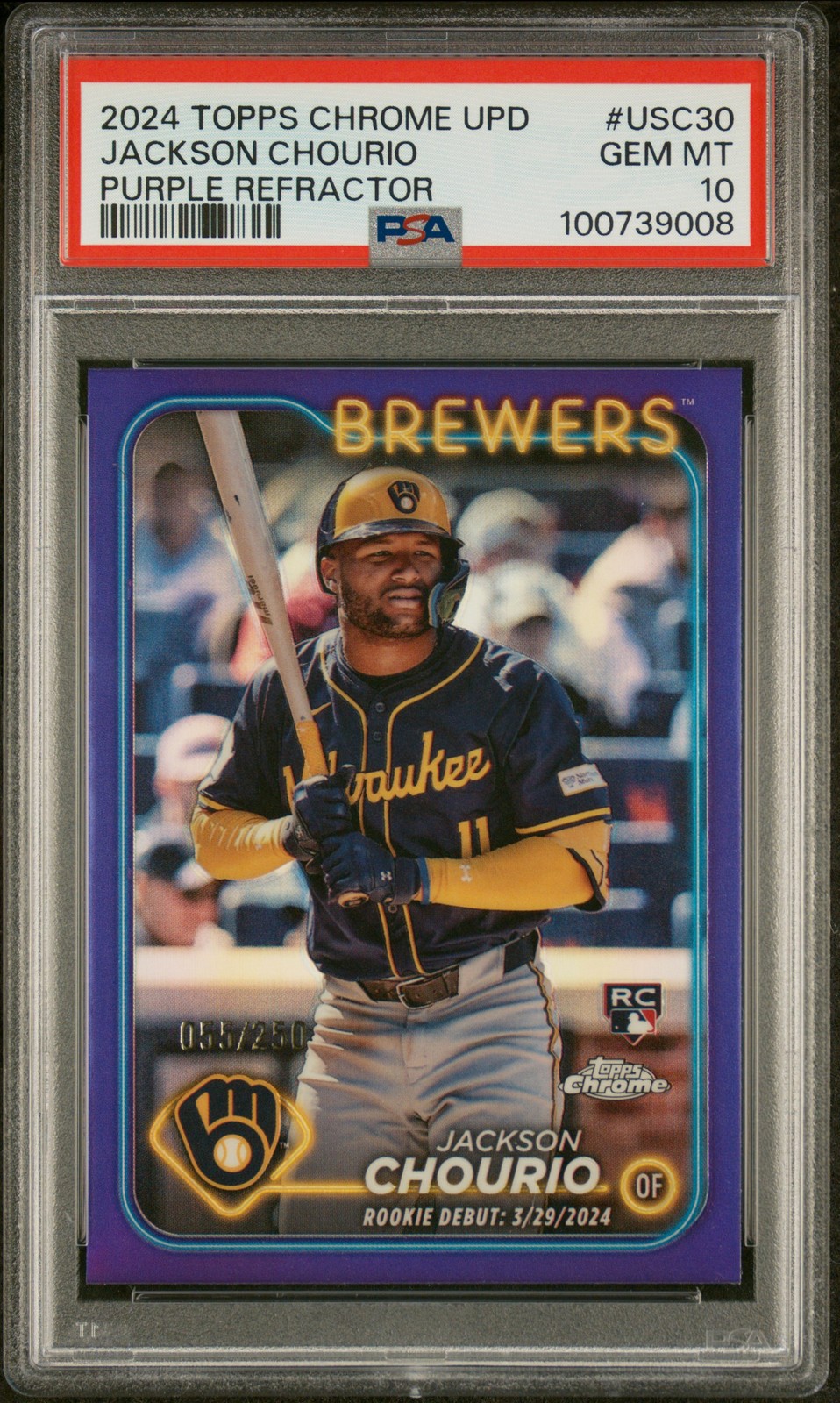 2024 TOPPS CHROME UPDATE PURPLE REFRACTOR #USC30 JACKSON CHOURIO 55/250 PSA 10