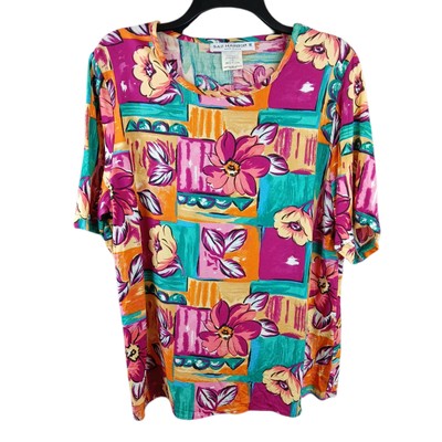 Vintage Sag Harbor Colorful Floral Short Sleeve Artsy Rayon Top Large Colorful 