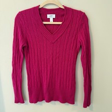 Ann Taylor LOFT Petite Cable Knit V Neck Long Sleeve Sweater Women's SP Pink