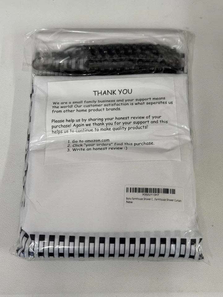 NEW 72x72 Boho Shower Curtain White with Black 'Piano Key' Pattern. Rings Inc. - Image 2 of 2