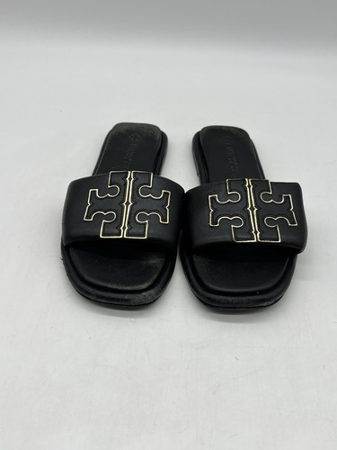 Tory Burch Double T Women’s Sz 7 Black Leather Sport Slide Sandals Shoes.