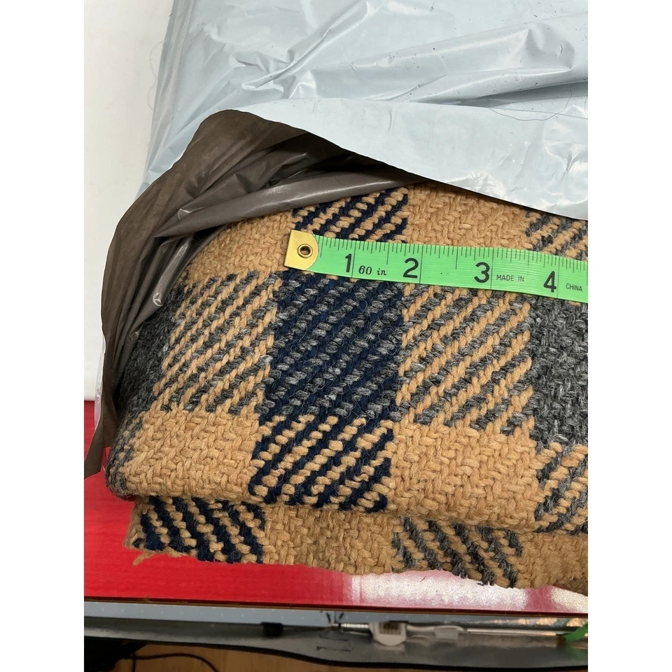 Vintage Woven Wool Fabric Remnant Buffalo Plaid Blue Khaki Tan 60"x158" Rustic - Image 3 of 4