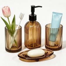 Brown Square Glass Bathroom Accessories Set 4 Pcs Soap Dispenser Set