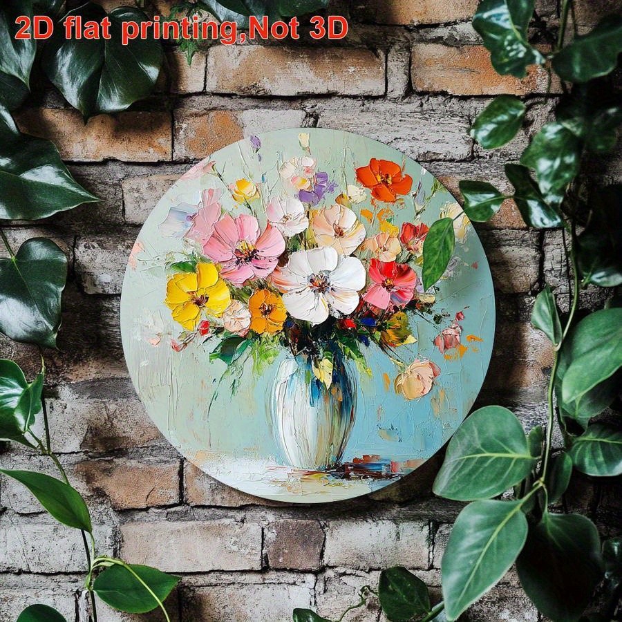 Vibrant Floral Vase Design Round Aluminum Foil Wall Art
