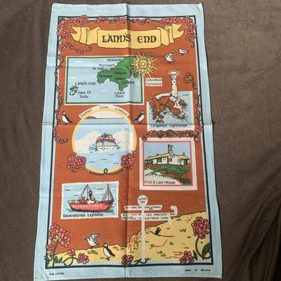 Vintage Sammlerstück Lands End Geschirrtuch. Karte. Papageientaucher. Leuchtturm. 100% Baumwolle