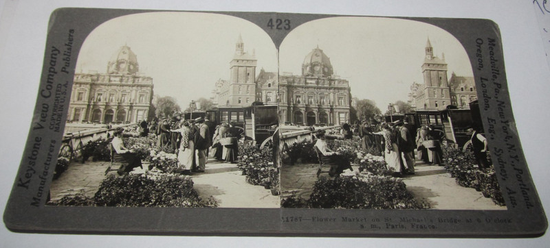 Keystone View Stereoview Photo Flower Market St. Michael's Bridge Paris France