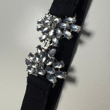 Vtg 80 Black Stretch Waist Elastic Cinch Belt Silver Crystal Buckle Flower retro