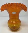 Vintage Blenko Tangerine Amberina Crackle Glass Crimped Top Vase Ruffled MCM
