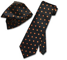 Vesuvio Napoli BLACK with ORANGE Polka Dot NeckTie Handkerchief Matching Tie Set