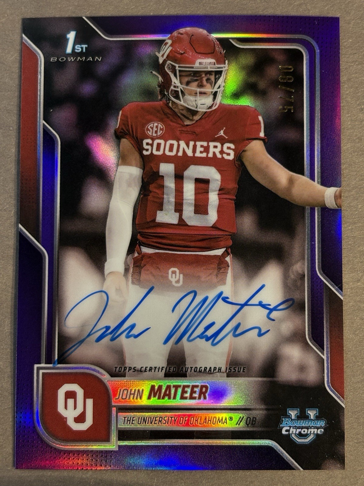 2025 Bowman Chrome University John Mateer 1st Purple Refractor Auto /75 Oklahoma
