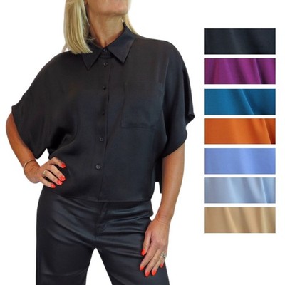 Paulo Due Damen Cropped Satin Bluse Fledermaus Kurzarm Hemd Taschen Detail