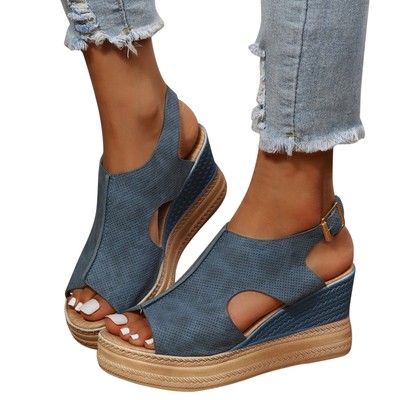 Ladies Wedge Heel Sandals Hollow Out Open Toe Buckle Slingback Shoes Summer