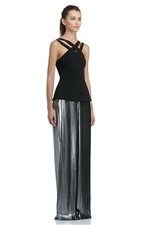 BNWT Womens AQ/AQ Donnie Metallic Pleated Skirt Maxi Dress Peplum Bodice 6 £180