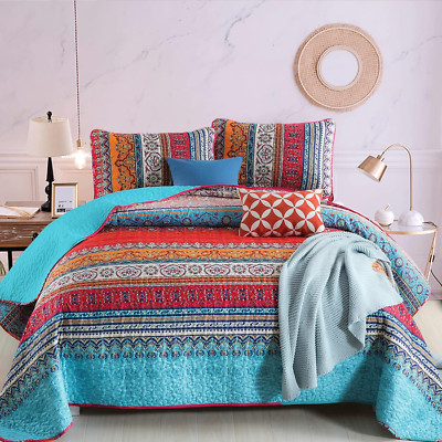 Bohemian Quilt Set Queen Size, Boho Striped Pattern Quilts Bedspread Set for All