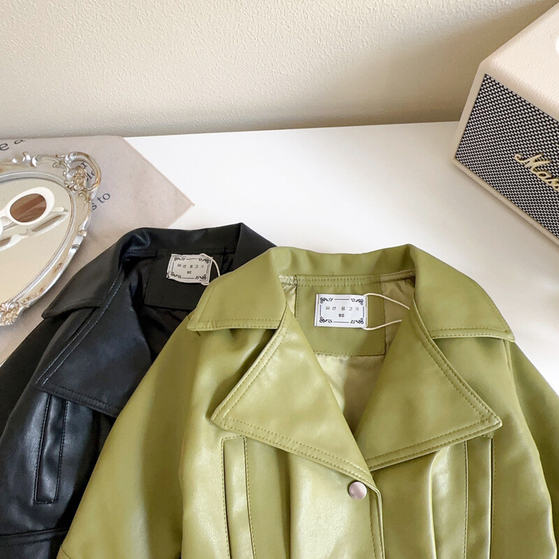 New Girl Pu Leather Button Jackets Kids Baby Leather Jacket Lapel Coat