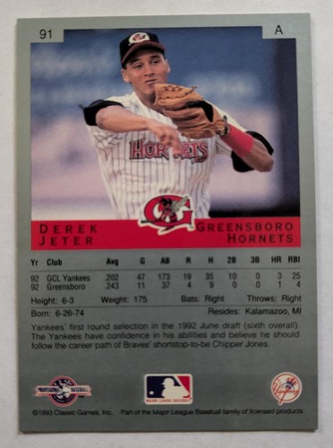 DEREK JETER, 1993 CLASSIC BEST #91, GREENSBORO HORNETS - Picture 2 of 2